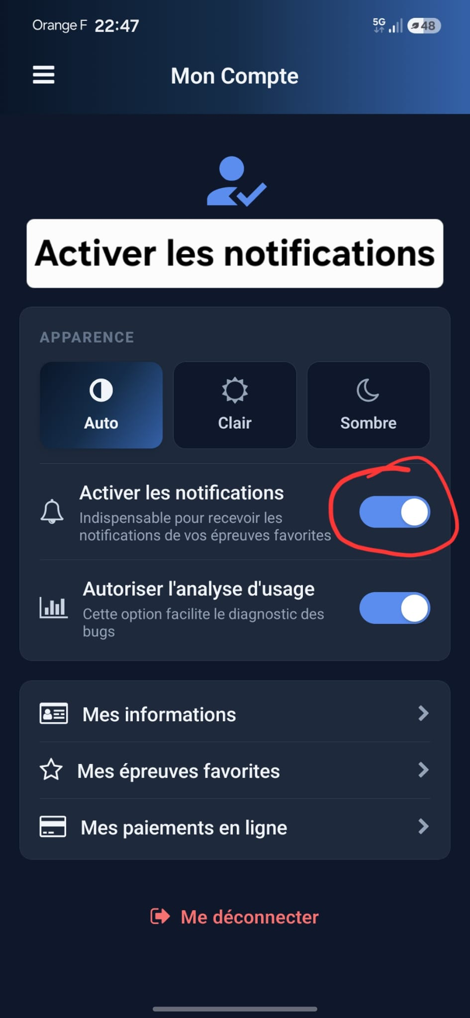 Écran Mon Compte avec l'interrupteur Activer les notifications mis en évidence