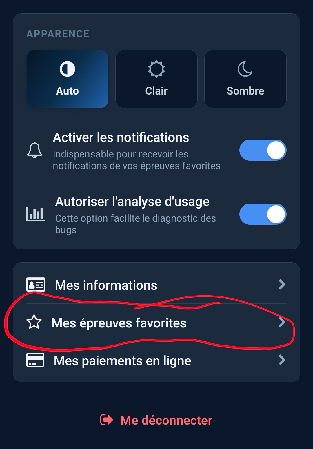 Menu Mon Compte avec l'accès Mes épreuves favorites mis en évidence