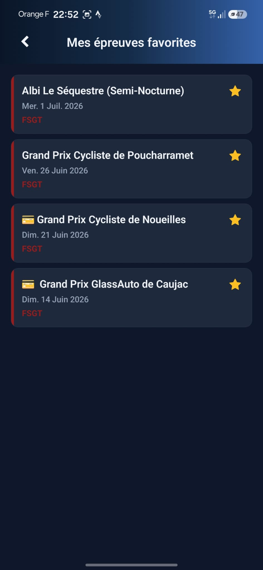 Liste Mes épreuves favorites avec les épreuves suivies marquées d'une étoile jaune
